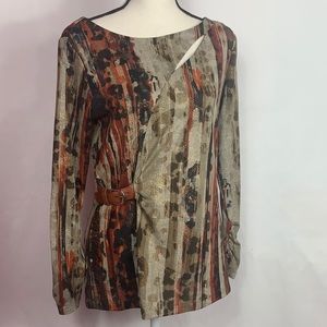 Susan Lawrence animal print long sleeve top side wrap belt front open slit